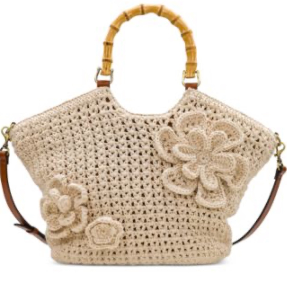 PATRICIA NASH MAZARA tan Crochet Satchel with bamboo handles